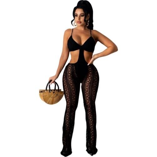 Sexy Bra Lace Long Jumpsuit See Through One Piece Club Outfit Party Wear Woman Spaghetti Strap Long Flare Pants Summer Overalls