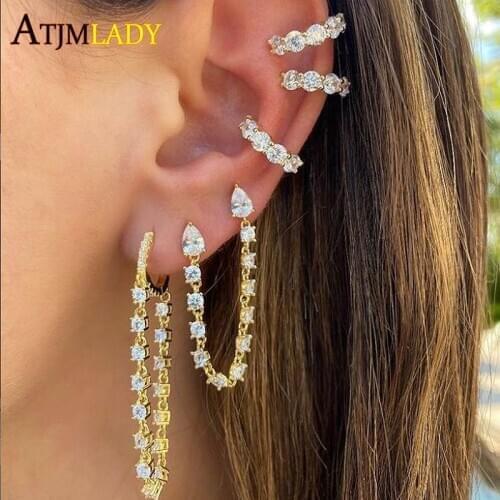 1PC Hot Selling Double 2 Piercing Stud Iced Out Tear Dop 5A CZ Links With Tassel Chain Romantic Fashion Girl Women Earring