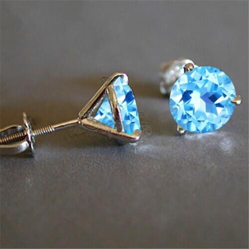 Luxury Female 6/7/8mm Natural Aquamarine Round Earrings Real 925 Sterling Silver Earrings For Women Small Screw Stud Earrings