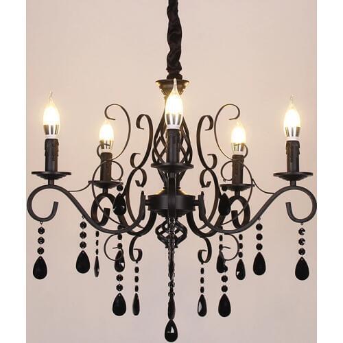 European Wrought Iron Chandelier Light Living Room Bedroom Black Crystal Chandelier Restaurant Clothing Store Vintage Chandelier