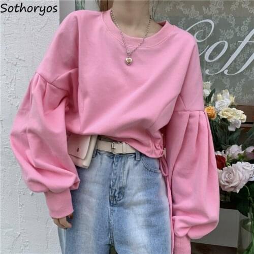 Women No Hat Hoodies Short-style Spring Girls Designed Lantern Sleeve Navel Lace-up Chic Trendy Teens Clothes Baggy Sweatshirts