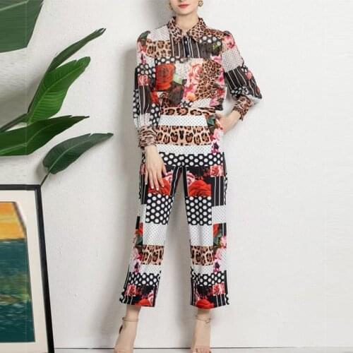 2021 Summer Womens Vintage Floral print Pants Suit Lady Long sleeve Loose Shirts + Pants Two Pieces Set