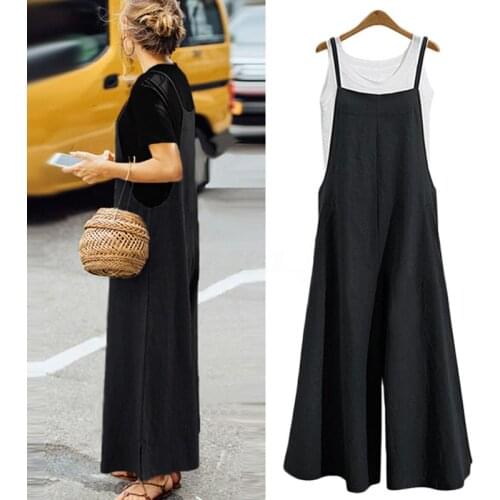 Women Casual Solid Jumpsuit Summer Loose Sleeveless Strap Wide Leg Bib Pants Oversized Pocket Overall Playsuits Plus Size S-5XL