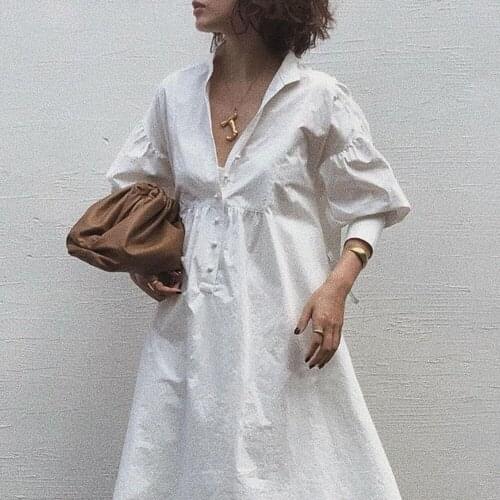 2021 Summer New Japanese Style Temperament Loose All-match Solid Color V-neck Lantern Sleeve Womens Dress Casual Oversize