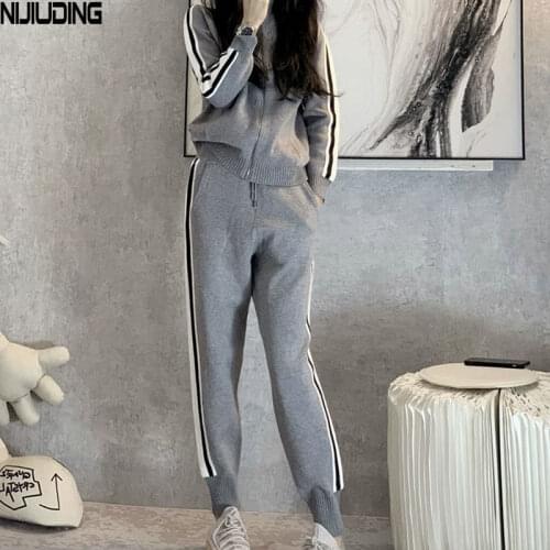 2021 Autumn Women Knitted Two Piece Sport Suits Female Striped Harem Pants And Knitted Jacket Top 2 PCS Woman Sweater Sets