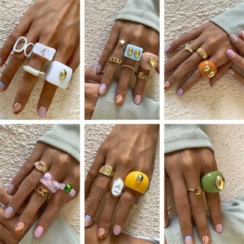 5pcs 2021 New Ins Aesthetic Colorful Transparent Resin Acrylic Crystal Ring Set for women Geometric Irregular Ring Jewelry