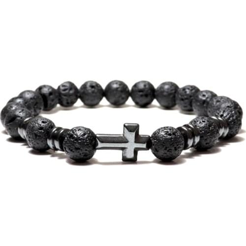 Noter Natural Volcanic Lava Bracelet Femme Homme Black 3 Styles Cross Braslet Yoga Prayer Jewelry Hematite Braclet Bileklik