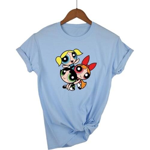 Kawaii Powerpuff t shirt women print short sleeve t shirts cute cartoon fashion casual black tops graphic tees female t-shirts