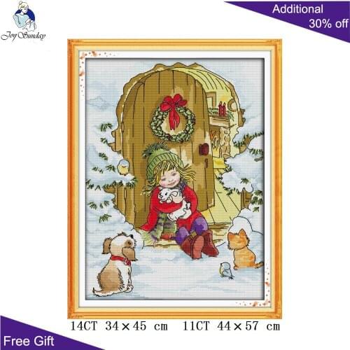 Joy Sunday Girls Animals On Christmas Eve Home Decoration KB135 14CT 11CT Counted Stamped Christmas Handcraft Cross Stitch kits