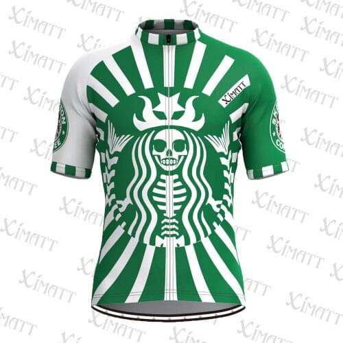 Classic Skeleton Coffee Polyester Cycling Jersey Green Retro Breathable Mens Bicycle Mtb Bmx Motorcycles Shirts