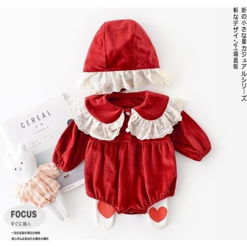 Infants Fall Clothes Sets Baby Girl Lace Splicing Red Romper+Hat 2PCS Set Newborn Birthday Party Bodysuit Photoshoot Props 3-24M