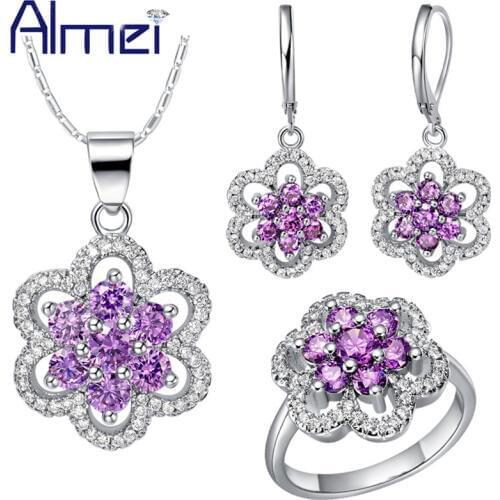Almei White Wedding Jewelry Women Purple Earrings Sets Lady Jewellery Silver Bridal Necklace Set Flower Colar Feminino Ring T489