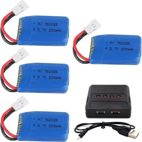 4PCS 3.7V 752025 200mAh Lipolymer High Rate Rechargeable Battery +Charger For Drone Quadcopter Helicopter 51005 Plug