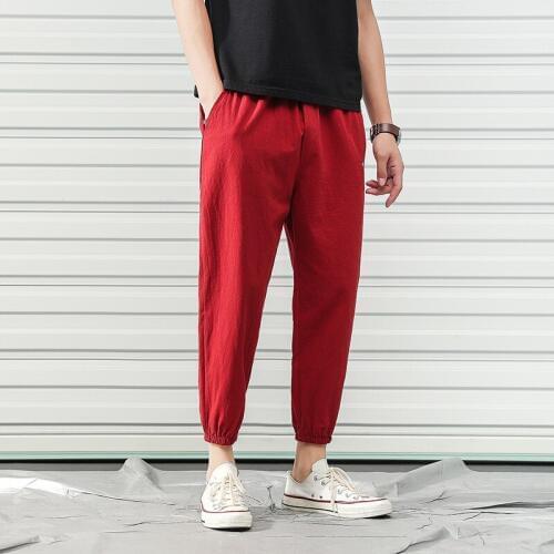 #8052 Summer Vintage Cotton Linen Pants Men Thin Elastic Waist Fashion Mens Joggers Embroidery Streetwear Trousers Men Plus Size