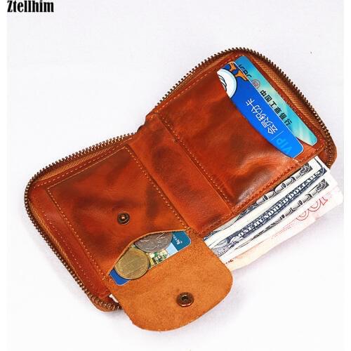2020 Genuine Leather Men Wallet Mens Vintage Short Zipper Wallets Women Purse Carteira Masculina With Card Holder Coin Pocket