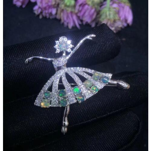 Natural Multicolor opal Elegant Graceful lovely dancing girl brooch Pendant natural gemstone brooch S925 silver gift jewelry
