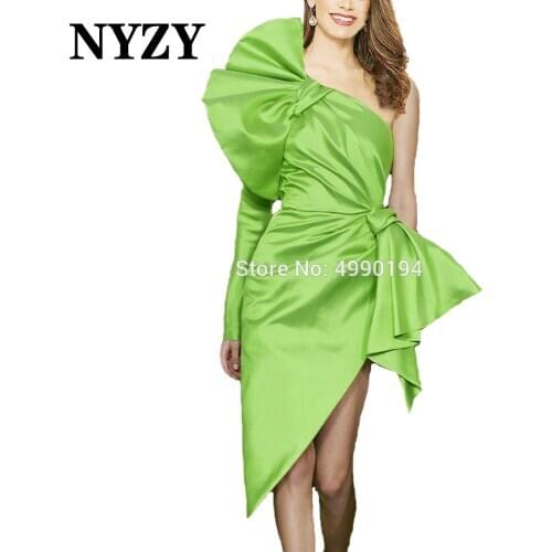 NYZY E282B Robes de Cocktail Dresses 2020 Taffeta One Long Sleeve Grass Green Wedding Party Dress Prom Formal Evening Gown