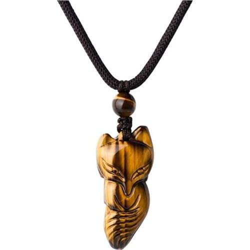 Ethnic Style Handmade Weave Lovely Fox Natural Tiger Eye Stone Pendant Rope Chain Necklace Animal Jewelry