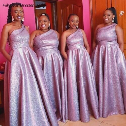Bling Sequin One Shoulder Bridesmaid Dresses African A Line Elegant Vestidos 2021 Pocket Long Party Wedding Guest Dress Gown