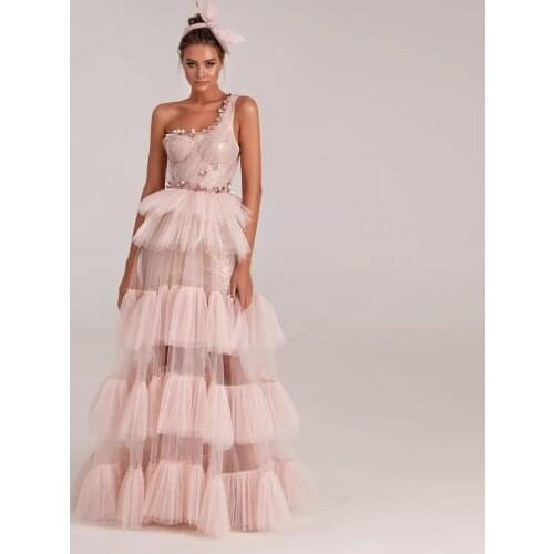 Light Pink Homecoming Dresses One-Shoulder Crystals Beaded Dress Floor Length Prom Dress Long Evening Dresses For Women Party