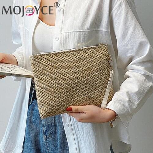 Casual All-match Envelope Top-handle Bag Vintage Women Daily Straw Woven Clutches Summer Beach Vacation Travel Zipper Purse