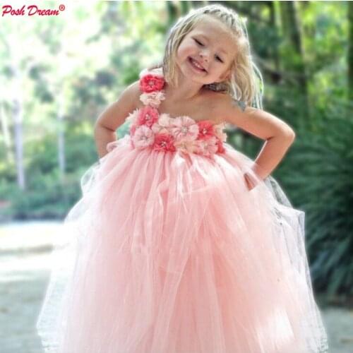 Blush Pink Flower Girls Wedding Party Dresses Coral Chiffon Flower Toddler Baby Kids Birthday Clothes Headband Kids Tutu Dress