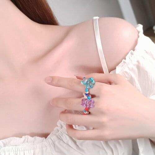 Cute Transparent Candy Resin Color Bear Rings Creativity Cartoon Handmade Beaded Elastic Ring for Women Beaded Finger Jewelry