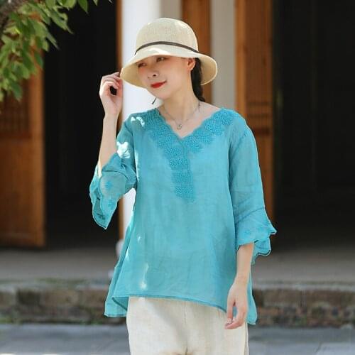 LZJN Women Lace Blouse Summer Tops Retro V Neck Solid Color Shirt Loose Embroidered Plus Size Women Clothing