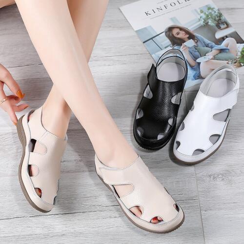 Women Sandals Comfortable Round Toe Ankle Hollow Ladies Sandals Black White Flat Sandals Soft Sole Beach Shoes Woman Footwear