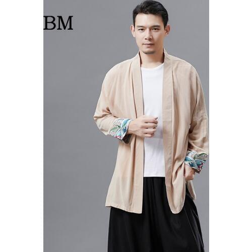 Thin Kimono Cardigan 2020 Summer Autumn Trenchcoat Embroidery Long Sleeve Chinese Jacket Cotton Windbreaker Male Loose Coat