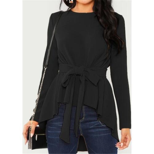 COLDKER Ladies Autumn Lace Up Tops Casual Solid Color Long Sleeve tops Pullover Vacation Shirts female clothing