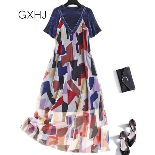 5XL Plus Size Dress Women Suit skirt new t-shirt suspender skirt two-piece suit Party Dress Ladies V Neck Elegant Dress LHJ053