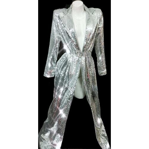 2019 Fashion Women Sparkly Sequins Coat Female Singer DJ Stage Show Silver Jacket Cloak Open Stitch Ds Performance Costume