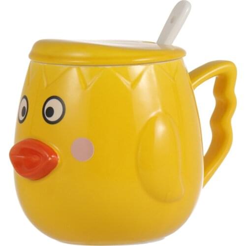 500ML Cute Cartoon Duck Ceramic Mugs 3D Creative Animal Coffee Mug with Lid Spoon Couple Milk Cup Net Red Yellow Duck Cup