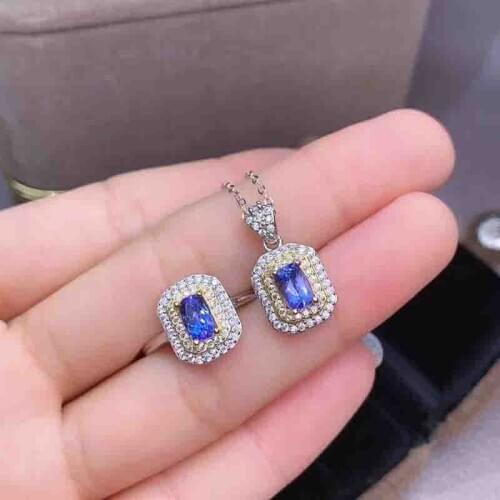925 Stearling Sliver Natural Tanzanite Jewelry Sets for Women Party Necklace and Ring Fine Jewelry Blue Gemstones Gifts S104