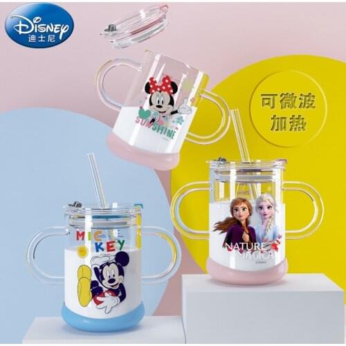 Disney Princess Aisha household straw cup with graduated handle Frozen high borosilicate glass milk cup thermos bottle