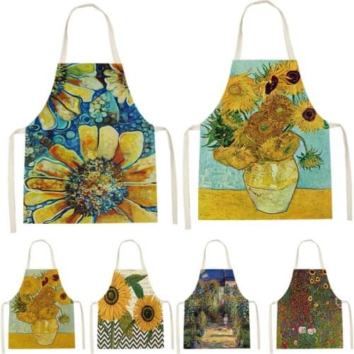 Sunflower Plant Print Oil Painting Yellow Plant Sleeveless Apron Kitchen Pinafore Women Home Cooking Baking Waist Anti-Greasy