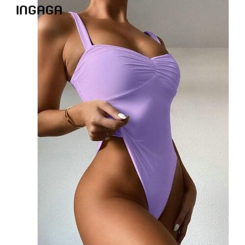 INGAGA High Cut One Piece Swimsuits Push Up Swimwear Women Solid Bodysuit Sexy Ruched Bathers 2021 New Lavender Bathing Suits