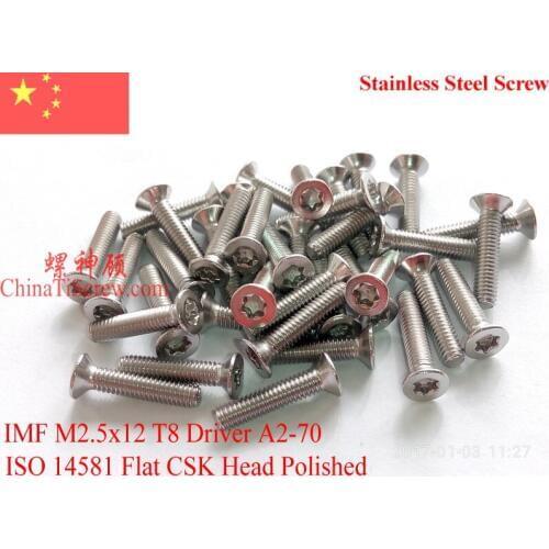 ISO 14581 Stainless Steel Screws M2.5x12 Torx T8 Flat Head A2-70 Polished ROHS 100 pcs