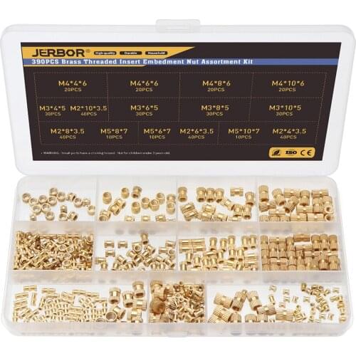 JERBOR 390 PCS M2 M3 M4 M5 Female Thread Knurled Nuts Brass Threaded Insert Embedment Nuts Assortment Kit