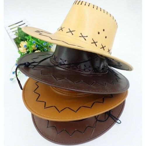 Fashion Men Sun Shield Cowboy Hat Summer Casual Artificial Leather Hat Traveling Western Outdoor Cap Big Brim Wide Edge Hats