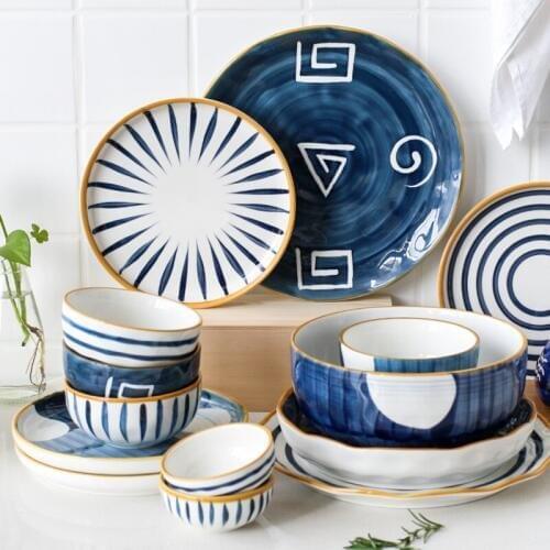 Best Gold Japanese Style Ceramic Party Tableware Set Porcelain Breakfast Plates Dishes Geometric Pattern Noodle Bowl Home Decor