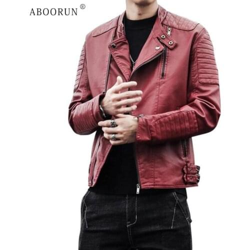 ABOORUN Mens Classic Faux Leather Motorcycle Jacket Brown Skinny Biker Leather Coat Streetwear for Youth