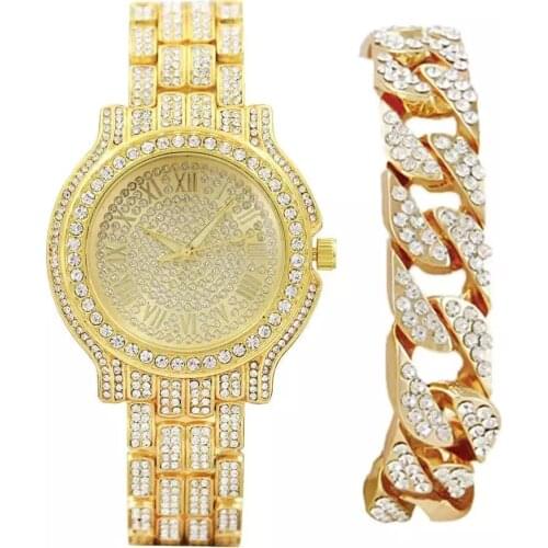 Mens Iced Out Watches Luxury Quartz Wrist Watch with Micropave CZ Stainless Steel Hip Hop Watch for Women Men Jewelry Set Reloj