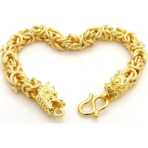 Mens Bracelet Dragon Head Patterned Solid Gold Filled Thick Heavy Wrist Chain Hip Hop Style Handsome Mens Jewelry 8.6 Inches,9mm