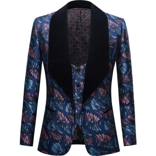 2 Pieces Blue PrintingSlim Fit Set Wedding Suits Mens Suits Prom Tuxedos Grooms Jacket Wedding Party Suits Set Party Prom Dres