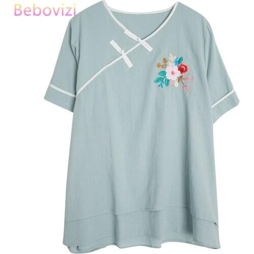 Cotton Linen Chinese Style Qipao Shirt for Women Green White Hanfu Embroidery Retro Summer Loose Han Fu Traditional Blouse Top