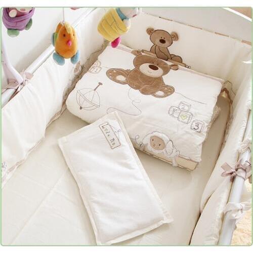 Discount! 7PCS Embroidered baby cot bedding sets cartoon little bear baby bedding sets ,include(bumper+duvet+sheet+pillow)