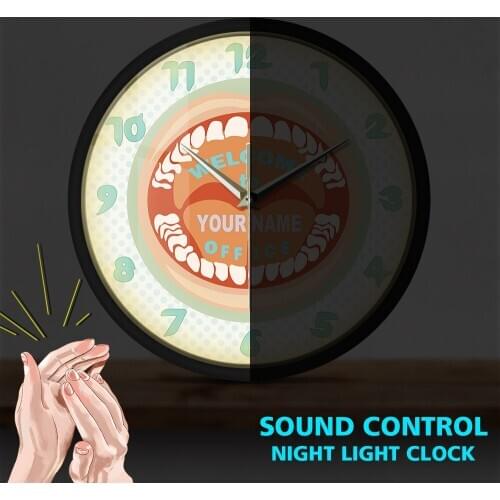 Dentist Metal Frame Round Clock Custom Dentist Name Hygienist Sound Activated Light Teeth Dental Clinic Dentistry Silent Watch