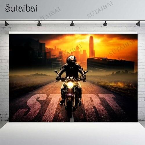 Sunset Urban Road Motorcycle Motor Start Racing Backdrop Birthday Party Photo Background Photography Backdrops for Photo Studio